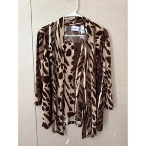 Alfred Dunner Womens Animal Print 2 Piece Twin Set Cardigan and Shell Brown Med